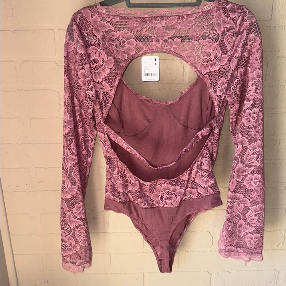 Free People bodysuit NEW Long Sleeve Floral lace intimately pink large - Picture 3 of 3
